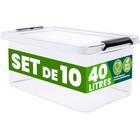 DEUBA® Boîte de rangement en plastique transparent empilable sans BPA gain de place caisse de rangement organiseur  10x40L