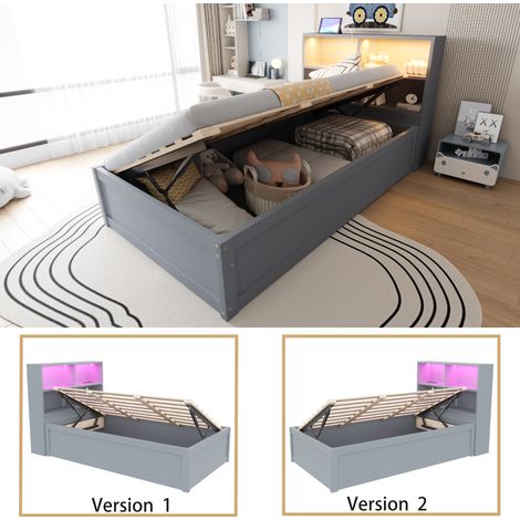 Canapé-lit 90x200 avec prises multiples et rangements, liseuse LED, lit hydraulique en bois massif, sommier relevable, lit une place multifonction gris. (1/5)
