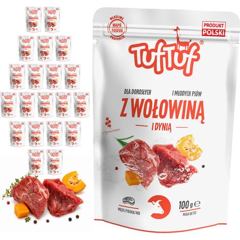 Cibo umido per cani TufTuf, gusto manzo e zucca, in bustine da 20x100g. Carne in scatola. (1/2)