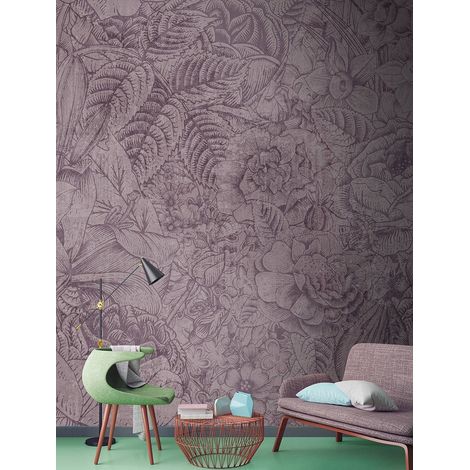 Papier peint panoramique floral violet sombre | Tapisserie panoramique jungle idéal bureau et escaliers | Papier peint panoramique nature et forêt - 270 x 400 cm (4 pièces) (1/5)
