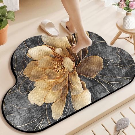 Tapis de bain en terre de diatomée luxueux – Forme organique irrégulière, absorption rapide de l’eau, antidérapant, résistant à la saleté et à l’usure – Modèle 3D « Nuage » avec finition dorée (60 x 9