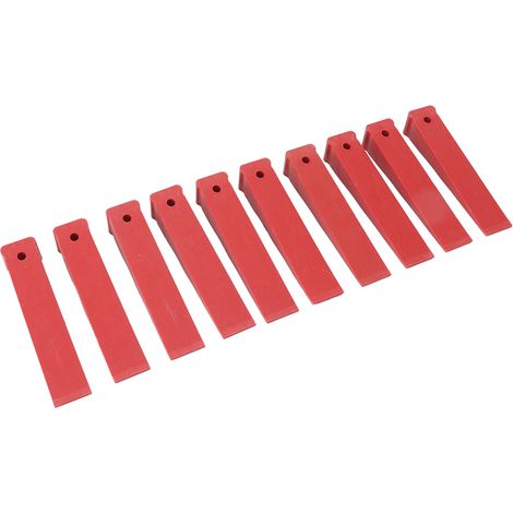 Packung mit 10 leichten, kompakten und wiederverwendbaren Türkeilen, die als Nivellierfüße für den Einbau von Türen und Fenstern dienen. (1/5)