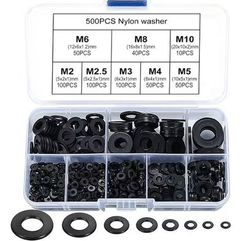 Juego surtido de 1000 arandelas de plástico M2，M2.5，M3，M4，M5，M6，M8 y M10，arandelas planas de nailon，tornillos y pernos，color negro y blanco (1/5)
