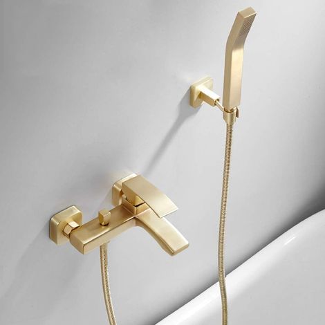 SJQKA Bath Shower Mixer Wall Mounted Hot and Cold Shower Faucet Brushed Brass Gold Bathtub Mixer with Hand Shower (A) (1/5)