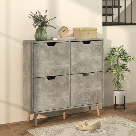 Zapatero con 4 cajones basculantes de 2 niveles para 16 pares de zapatos, armario para zapatos que ahorra espacio con estantes ajustables en aglomerado y madera de pino, 95x26x95 cm, gris (1/5)