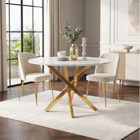 Mesa de comedor redonda 80 x 80 x 75 cm en MDF, efecto mármol, patas doradas HAVRYA (1/5)