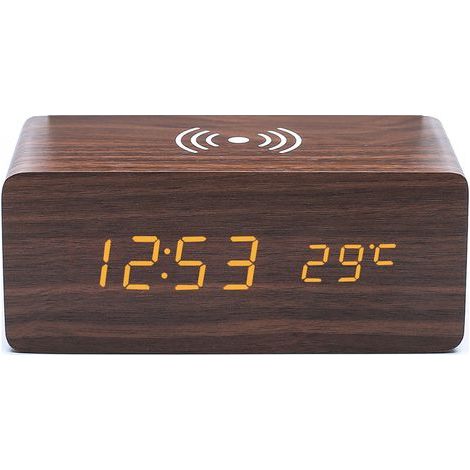 1pc Réveil en Bois brun avec Chargeur sans Fil Qi Compatible avec iPhone Samsung Horloge Numérique LED en Bois Fonction de Contrôle du Son, Affichage de l'Heure, de la Date et de la Température (1/4)