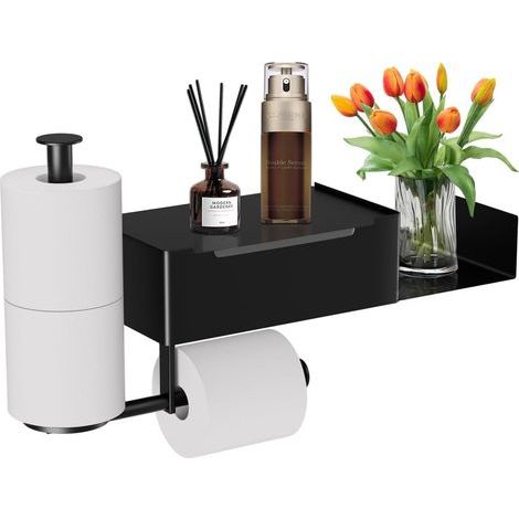Soporte autoadhesivo para rollo de papel higiénico, soporte independiente con dispensador de toallitas húmedas, para baño, color negro. (1/5)