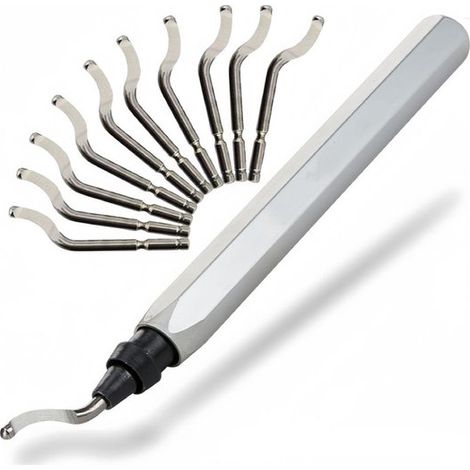 Set per sbavatura - 1 manico in plastica con 10 lame di sbavatura in HSS rotanti a 360° per tubi stampati in 3D - plastica, alluminio, rame, PVC e acciaio - argento (1/5)