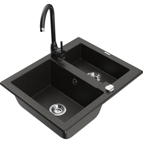 Mexen Carlos lavello in granito 1,5 vasche con rubinetto da cucina Telma, nero/oro metallizzato - 6518-75-670200-70 (1/5)