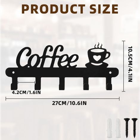 Porte Tasse, Accroche Tasse en Métal Noir avec 5 Crochets et Design Art Café, Rangement Tasses Mural Cuisine Suspendu, Porte Tasses Suspendue pour Coin Caf (1/4)