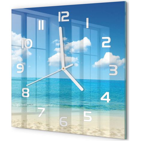 Horloge Murale Carrée Objet Décoratif en Verre Silencieuse pour Salon Plage paradisiaque 30x30 cm