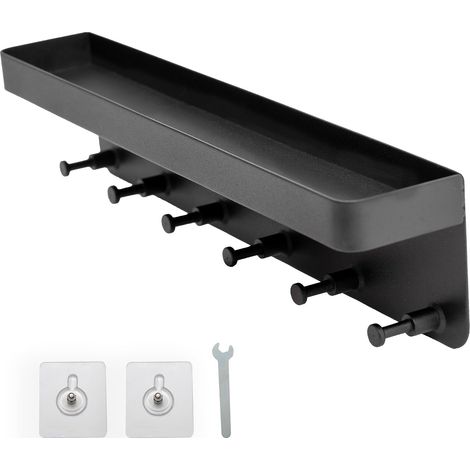 Schlüsselbrett mit Aufbewahrung in Schwarz - 24,5 x 6 cm - Selbstklebend ohne Bohren - Schlüsselbrett, Schlüsselbrett, Schlüsselleiste - Hakenleiste für die Wand mit 6 Haken und Ablagefläche (1/5)