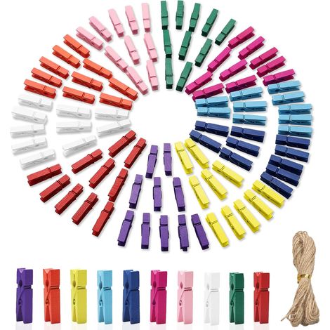 100 pinces à linge en bois colorées, pinces à linge, épingles à photos, 10 couleurs de pinces décoratives avec corde en jute de 10 m pour accrocher des photos, des cartes, des cartes postales et des c (1/5)
