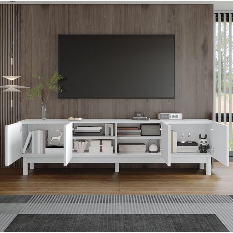 TV-Schrank aus MDF und Spanplatte in Weiß, 169 x 34 x 45,5 cm, 4 Türen, griffloses Design, mit Stauraum (1/5)