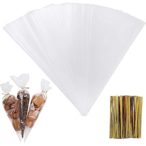 100 sachets de cornets en cellophane Conboons Backet pour biscuits avec ruban 13 x 25 cm (1/5)
