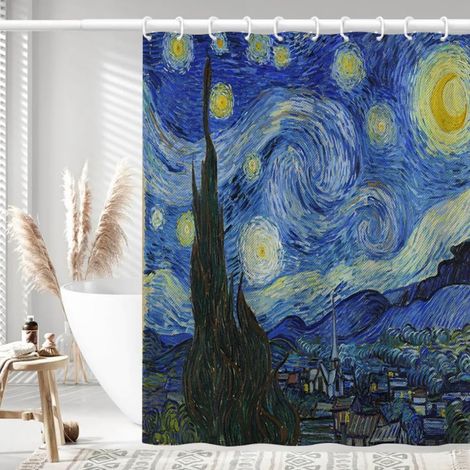 Starry Night Shower Curtain for Bathroom with Hooks, Van Gogh Stars Art Decorative Long Cloth Fabric Shower Curtain Bath Decorations 71Wx72L, Blue (1/5)