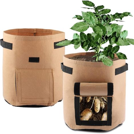 Set of 2 vegetable grow bags - 2.7 litres - Waterproof polyethylene grow bags with flap and handles - Bottom holes for optimal root growth (brown) (1/5)