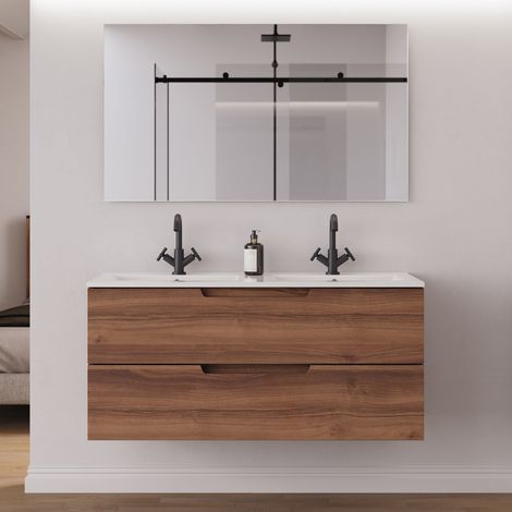 Meuble de salle de bain 120 cm double vasque - 2 tiroirs - noyer (bois foncé) - SONRIZA (1/5)