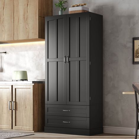 Armoire garde-manger 80x37,5x180 cm avec 3 plateaux coulissants,2 tiroirs,2 portes avec étagères,tablette réglable,MDF (1/5)