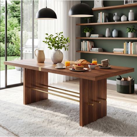 Mesa de comedor (180x75x75 cm), para 6 a 8 personas, tablero de 4 cm, estructura dorada, MDF, color nogal (1/5)