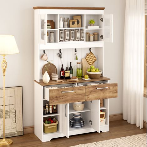 Buffet de cuisine avec vitrines, 2 tiroirs et crochets, 106 x 39 x 176,5 cm blanc et bois DESVIAE (1/5)