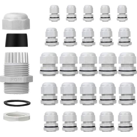 Lot De 25 Presse-Étoupes Étanches - Réglables - Pg7 Pg9 Pg11 Pg13.5 Pg16 - Connecteurs De Cable - Écrous De Remplissage - Joints En Plastique Avec Rondelle - Blanc - Laoa (1/5)
