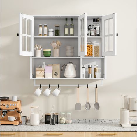 Bad-Wandschrank 88x26x82.5 cm Weiß aus MDF und Glas mit Wandmontage und Handtuchhalter (1/5)