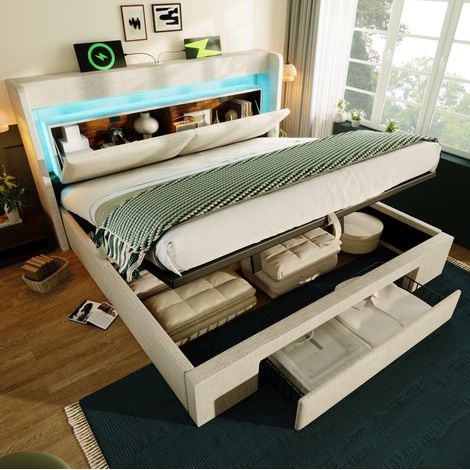 Bett 140x200 Bettgestell Stauraum LED Beige HAVRYA (1/5)
