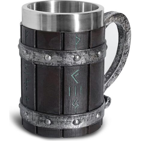 Chope à bière - Grande chope à bière de 550 ml à motif runique viking nordique, en chêne et acier inoxydable (1/5)