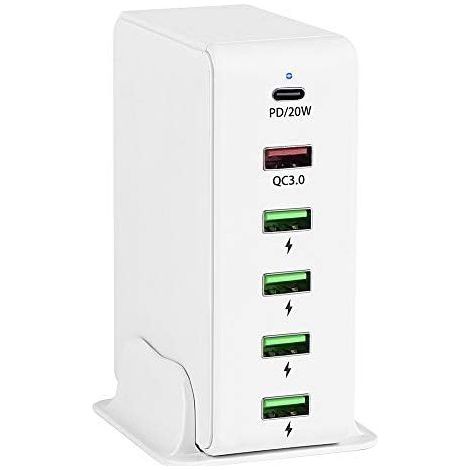 Chargeur USB 65 W à 6 ports – Charge rapide USB-C 20 W et Quick Charge 3.0 – Compatible avec iPhone 12 Mini et Xiaomi Redmi Note 10 Pro – 6 ports (1/3)
