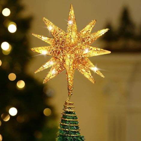 Beijiyi – Étoile lumineuse pour sapin de Noël – Taille 28 cm – Installation facile sans fils – Ambiance chaleureuse LED dorée