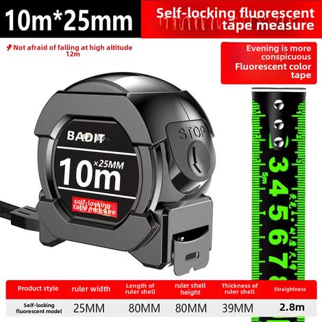 Mètre Ruban Transfrontalier 5 Mètres 10 en Acier Fluorescent Noir Épais, Résistant aux Chutes, Rigide Haute Précision (fonction Autobloquante, de M et (1/5)
