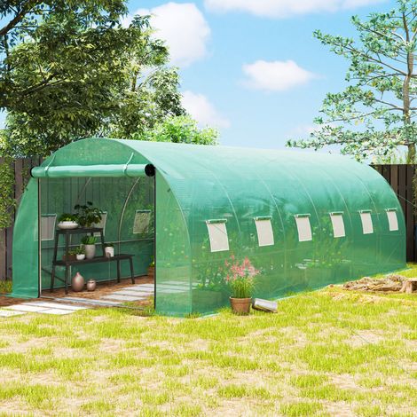 Serre tunnel avec couverture plastique et structure en acier, tente de serre accessible à pied avec portes roulantes, verte