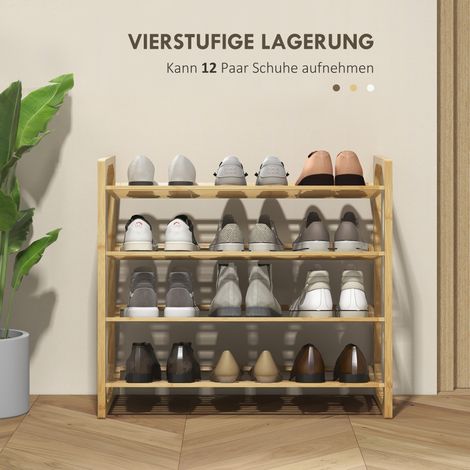 Étagère à chaussures en bambou naturel, hauteur de rangement 15,5 cm, modèle à lattes ventilées, 76 x 33 x 67 cm, meuble à chaussures ajouré (1/4)
