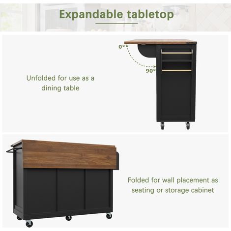 Îlot de cuisine, chariot de service avec plan de travail escamotable, meuble roulant à roulettes, armoire de cuisine à 2 portes coulissantes et 3 tiroirs, desserte en bois noir, buffet mobile. (1/5)
