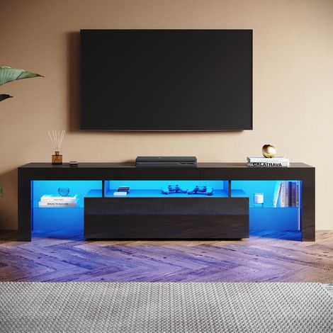 SONNI Hochglanz TV Schrank mit Verstellbaren LED-Lichtern, Offenes Glasregal und Klapptür, Ideal für Wohnzimmer und Schlafzimmer, Schwarz, 1800 x 350 x 450 mm (1/5)