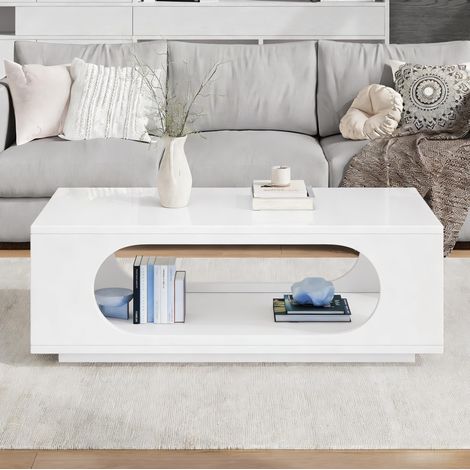 Mesa de centro de MDF blanco brillo 100 cm con LED controlado por app y espacio de almacenaje (1/5)