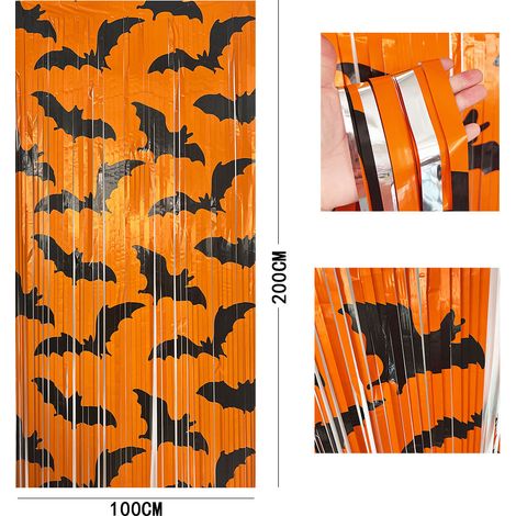 Rideau à franges métallisées pour Halloween – 1 x 2 m – Lot de 2 – Décoration de fond pour fête sur le thème des chauves-souris (1/4)