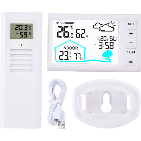 Orologio digitale wireless con schermo LCD a colori, monitoraggio della temperatura e dell'umidità interna ed esterna, stazione meteorologica a batteria. (1/5)