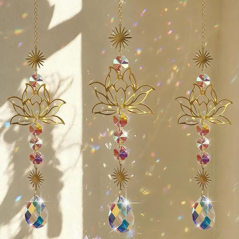 Acchiappasole, 3 pezzi Acchiappasole in cristallo, Decorazione per finestra sospesa, Acchiappasole a forma di fiore di loto con prisma di cristallo, per casa, ufficio (1/5)