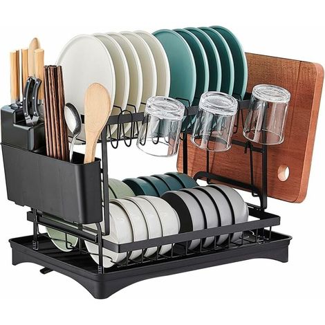 Egouttoir Vaisselle Cuisine À Niveaux Récupération Amovible Et Porte-Couverts,Egouttoir Sur Evier,Egouttoir 2 Noir (1/4)