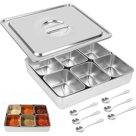 Boîte à ingrédients à pizza en acier inoxydable 6 compartiments, boîte à épices avec couvercle et cuillères, récipient à épices amovible en acier inoxydable 304 pour sel, sucre, herbes (1/5)