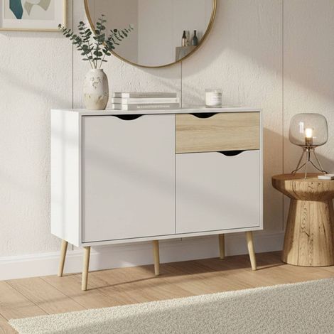 Dmora Buffet avec deux portes et un tiroir, blanc et chêne, Mesures 98 x 81 x 39 cm (1/5)