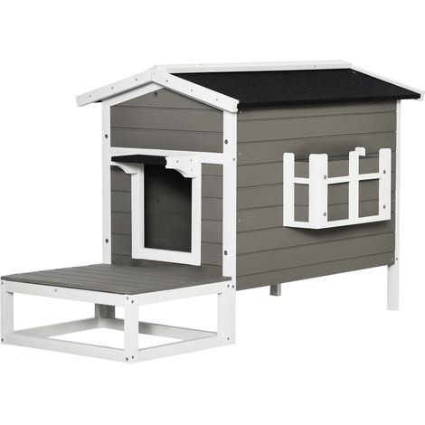 Cabane extérieure isolée et imperméable pour chat, avec toit en asphalte et terrasse, pour jardin ou balcon. Dimensions : 115 x 66,5 x 74,7 cm, couleur gris et blanc.