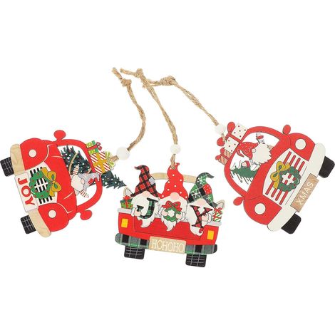 Lot de 3 décorations de Noël en bois à suspendre, représentant une voiture ou une personne âgée. (1/5)