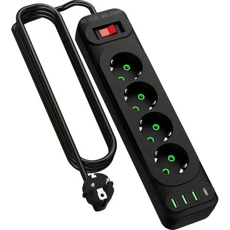 Steckdose mit USB- und Typ-C-Anschlüssen, 4-Loch-Steckdose, Küchensteckdose mit 2 Meter Kabel (1 Stück). (1/5)