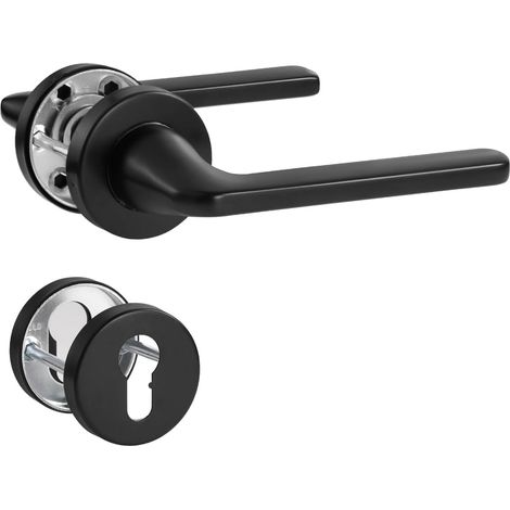 Black Door Handle Denture Trim Brushed Matte Stainless Steel Handle for Entrance and Interior Door, L Shape, Round Rosette, PZ - Profile Cylinder (1/5)