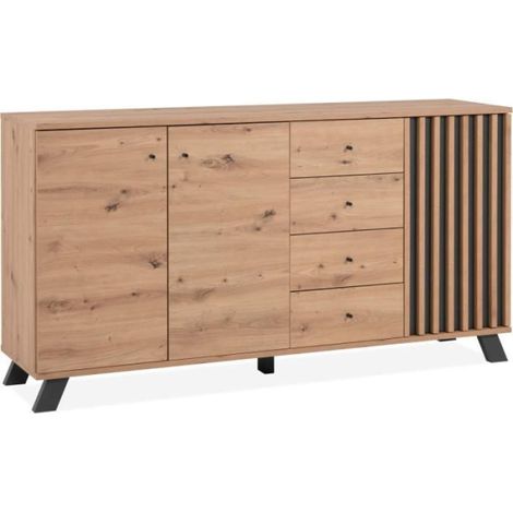 Buffet salle a manger MEDAN - Décor chene artisan et anthracite - 3 portes + 4 tiroirs - L160 x H85 x P40 cm (1/5)