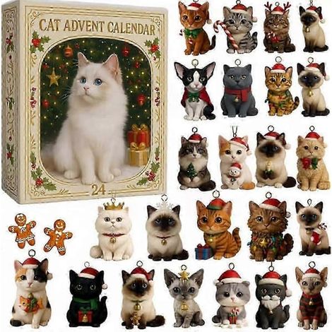 Calendrier de l'Avent pour chats 2025, compte à rebours de Noël de 24 jours avec 24 adorables ornements en acrylique 2D réalistes, cadeau pour les amateurs de chats (1/5)
